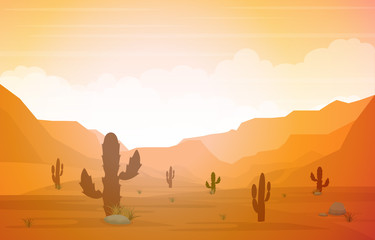 Fototapeta na wymiar Beautiful Western Desert Landscape with Sky Rock Cliff Mountain Vector Illustration