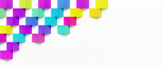 ABSTRACT BACKGROUND OF MULTI COLORED ROTATED CUBE TOP DOWN VIEW. ISOLATED WHITE BACKGROUND WITH SPACE FOR TEXT OR BRAND NAME. 3D ILLUSTRATION