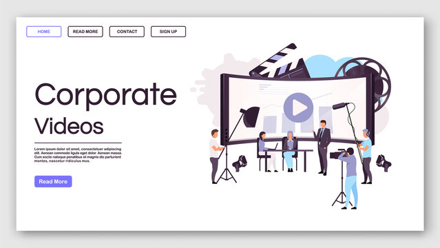 Corporate videos landing page vector template. Business conference shooting website interface idea with flat illustrations. Mass media homepage layout. Web banner, webpage cartoon concept