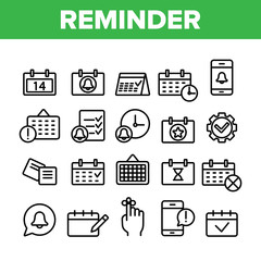 Collection Reminder Elements Vector Icons Set Thin Line. Reminder, Goal And Date On Calendar, Bell On Smartphone Display Concept Linear Pictograms. Time Management Monochrome Contour Illustrations