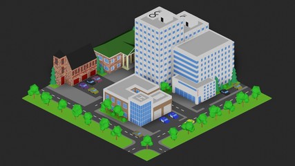 Fototapeta premium 3d isometric three-dimensional view of the city, building, car, park, industrial.