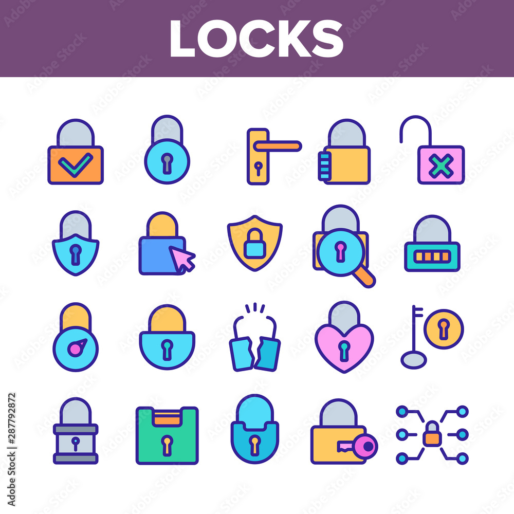 Poster collection type locks elements vector icons set thin line. different shape, open and closed locks co