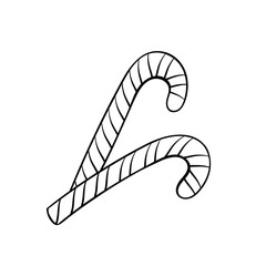 Caramel sticks hand drawn vector illustration. Delicious striped candy canes colouring picture. Traditional christmas confection monochrome outline drawing. Seasonal, festive confectionery product