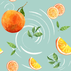 Pattern design with orange and foliage on blue background seamless illustration template