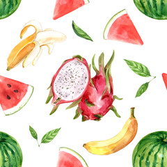 Pattern design with watermelon, banana and dragonfruit, soft color seamless illustration template