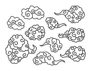 Fototapeta premium Black Clouds and wind blows hand drawn vector illustration. Smoke isolated clipart. Chinese art abstract drawing. Sketch clouds, overcloud set. Isolated design elements for SVG laser cutting files