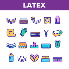 Collection Latex Material Items Vector Icons Set Thin Line. Matress And Washable Cover, Breathable And Memory Foam, Bedding And Pad Concept Linear Pictograms. Monochrome Contour Illustrations