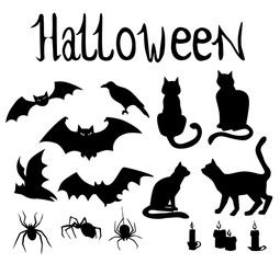 black and white set halloween with silhouettes of cats, bats, spiders, candles. Perfect for scrapbooking and holiday invitations.