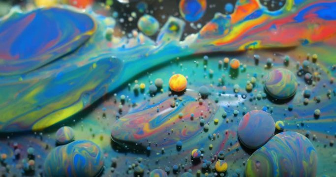 Slow Motion Bright Colors Bubbles Oil Beautiful Paint Universe Color Moving Multicolored Closeup. Acrylic Paint. Fantastic Surface. Abstract Colorful Paint Metamorphosis Structure Colorful Bubbles