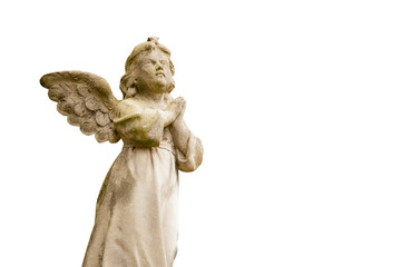 Angel. Antique statue isolated on white background. Retro filter and vintage styled.