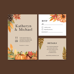 Wedding Invitation watercolour design with beautiful Autumn theme, warm toned vector illustration