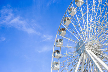 Ferris wheel in an amusement park at the summer. Copy space for text. Blue sky