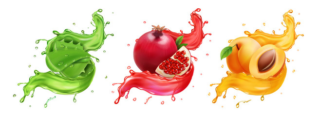 Pomegranate, apricot aloe splash of juice. Healthy food, Natural fruit beverage 3d realistic vector icon set