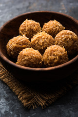 Jaggery coconut Laddoo / Nariyal gur ke laddu, indian sweet food for festivals like rakshabandhan/rakhi pournima