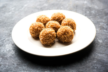 Jaggery coconut Laddoo / Nariyal gur ke laddu, indian sweet food for festivals like rakshabandhan/rakhi pournima