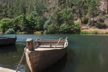 Obraz premium Wooden boat moored by the river