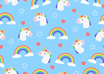 Seamless pattern of cute face cartoon unicorn with clouds and rainbow  background - Vector illustration.