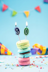 Ninetieth 90th Birthday Card with Candle in Colorful Macaroons and Sprinkles. Card Mockup.