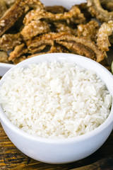 Typical food table in the interior of Brazil. Pork, beans, bean tutu, pork rinds, rice and farofa. Mining food, made at home. Flavors of Brazil.
