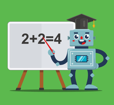 Robot teacher teaches children in the classroom. school of the future. flat vector illustration.