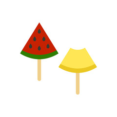 A slice of melon and watermelon on a stick icon.Isometric and 3D view.