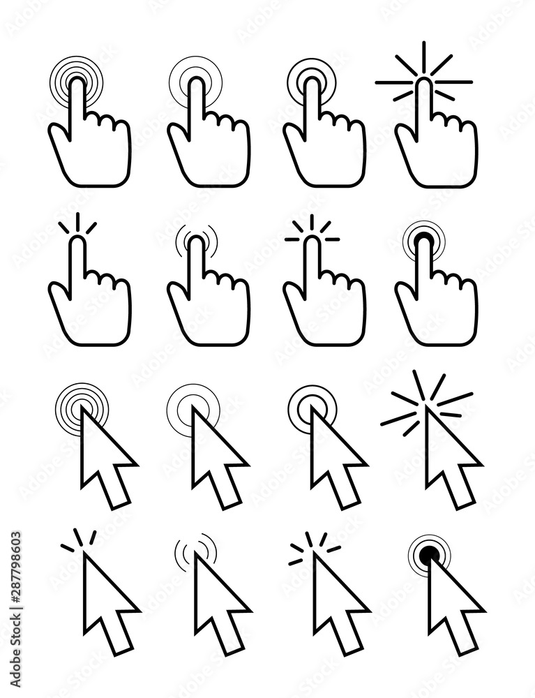 Poster set of cursors. hand and arrow cursor icon click.