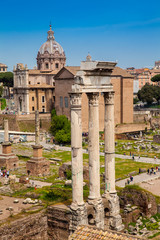 Remains of the Temple of Castor and Pollux or the Dioscuri at the Roman Forum in Rome