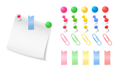 Collection colorful buttons, pins and clips. Paper note. Vector illustration.