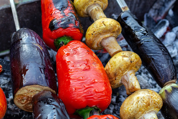 Vegetables on the grill cooking process barbecue, vegetarian food