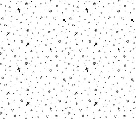 Hand drawn black and white Halloween seamless pattern design for card, fabric or wrapping paper. Simple occult design with crosses. Vector illustration.