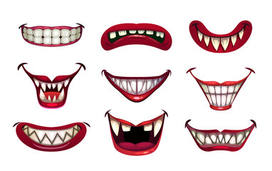 Creepy clown mouths set. Scary smile with jaws and red lips. - obrazy, fototapety, plakaty