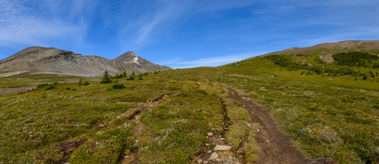 Hiking trail through a panoramic Rocky Mountain landscape with a white clouds, mountains and hills.