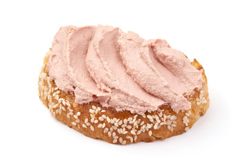 Sandwich with homemade chicken liver pate, isolated on white background