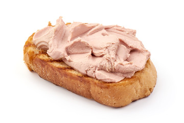 Sandwich with homemade chicken liver pate, isolated on white background