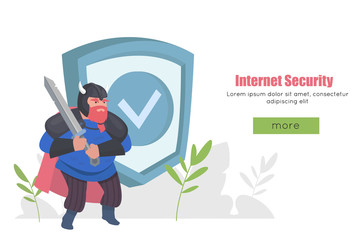 Internet security isometric concept. Data protection. Privacy Protection, Antivirus hack. Warrior with a sword protects data. Web banner, infographics, hero images. 