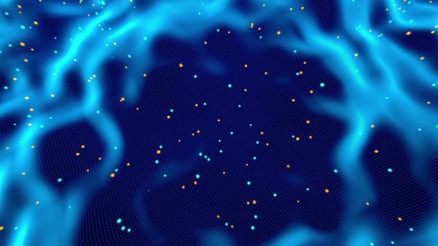 3D rendered Animation of particle physics, dancing particles and wave form vibrations symbolising the dualism of both concepts in quantum physics.