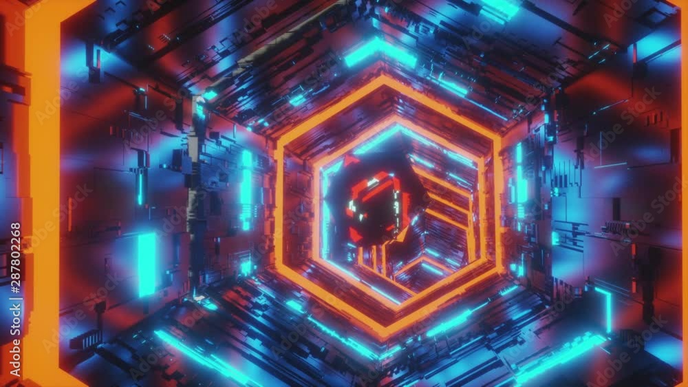 Poster abstract background motion video of a specular gem moving in the center of hexagon tunnel of bright 