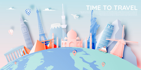 Various travel attractions in paper art style © pickbiz