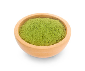 powdered matcha green tea in bowl, isolated on white background