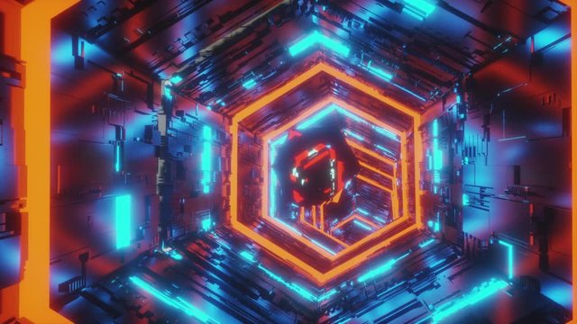 abstract background motion video of a specular gem moving in the center of hexagon tunnel of bright blue and red neon lights. 3d rendering animation in 4K.
