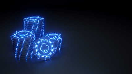 Casino chip stacks clubs Concept with glowing neon blue lights on the black background - 3D Illustration 