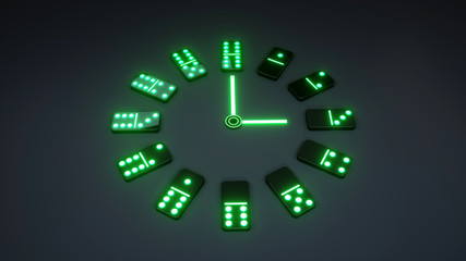Dominoes Gambling Clock Concept With Neon Green Lights Isolated On The Black Background - 3D Illustration