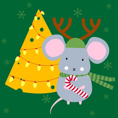 Happy New year 2020. Rat or mouse with cheese Christmas tree. Chinese New year symbol of 2020