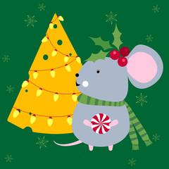 Happy New year 2020. Cute gray mouse or rat with cheese Christmas tree. 2020. Chinese New year symbol of 2020. Merry Christmas. Chinese traditional horoscope, zodiac sign
