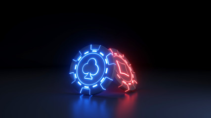 Casino Chips clubs and diamonds Concept with glowing neon lights on the black background - 3D Illustration