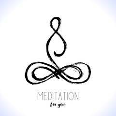 Yoga lotus pose, hand drawn yoga love stylized vector icon logo for school, center, class. Figure sitting in a lotus pose. Oriental brushwork style. 7 colors of chakra