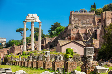 Remains of the Temple of Castor and Pollux and the Basilica Julia at the Roman Forum in Rome