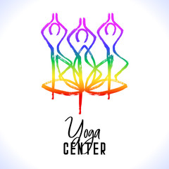 Yoga tree pose, lotus flower, hand drawn yoga love stylized vector icon logo for school, center, class. Figure sitting in a tree pose. Oriental brushwork style. 7 colors of chakra