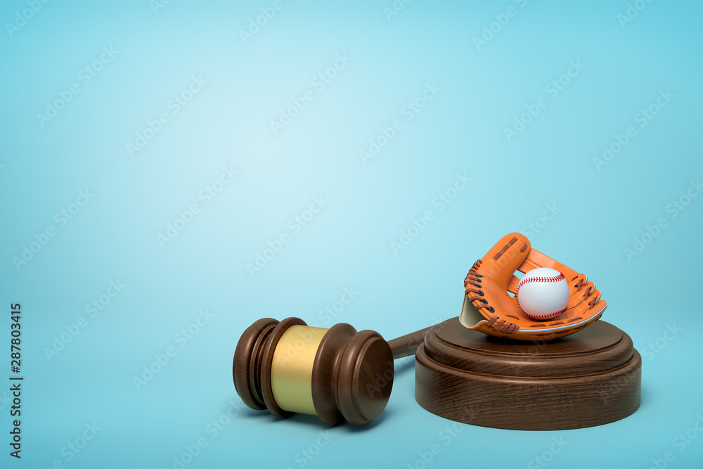 Poster 3d rendering of baseball and baseball glove lying on sounding block with judge gavel beside on light