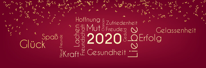 2020 Wort-Wolke - goldene Konfetti auf rotem Hintergrund